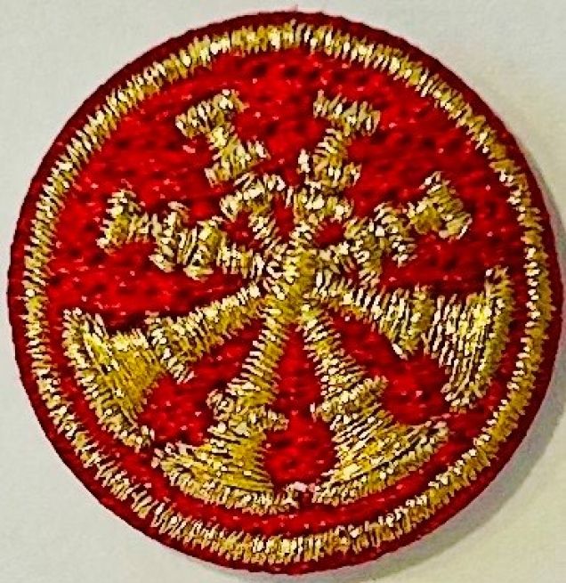 FIRE FIGHTER 4 BUGLES CROSSED, 1" CIRCLE - METALLIC GOLD on RED - SEW ON.